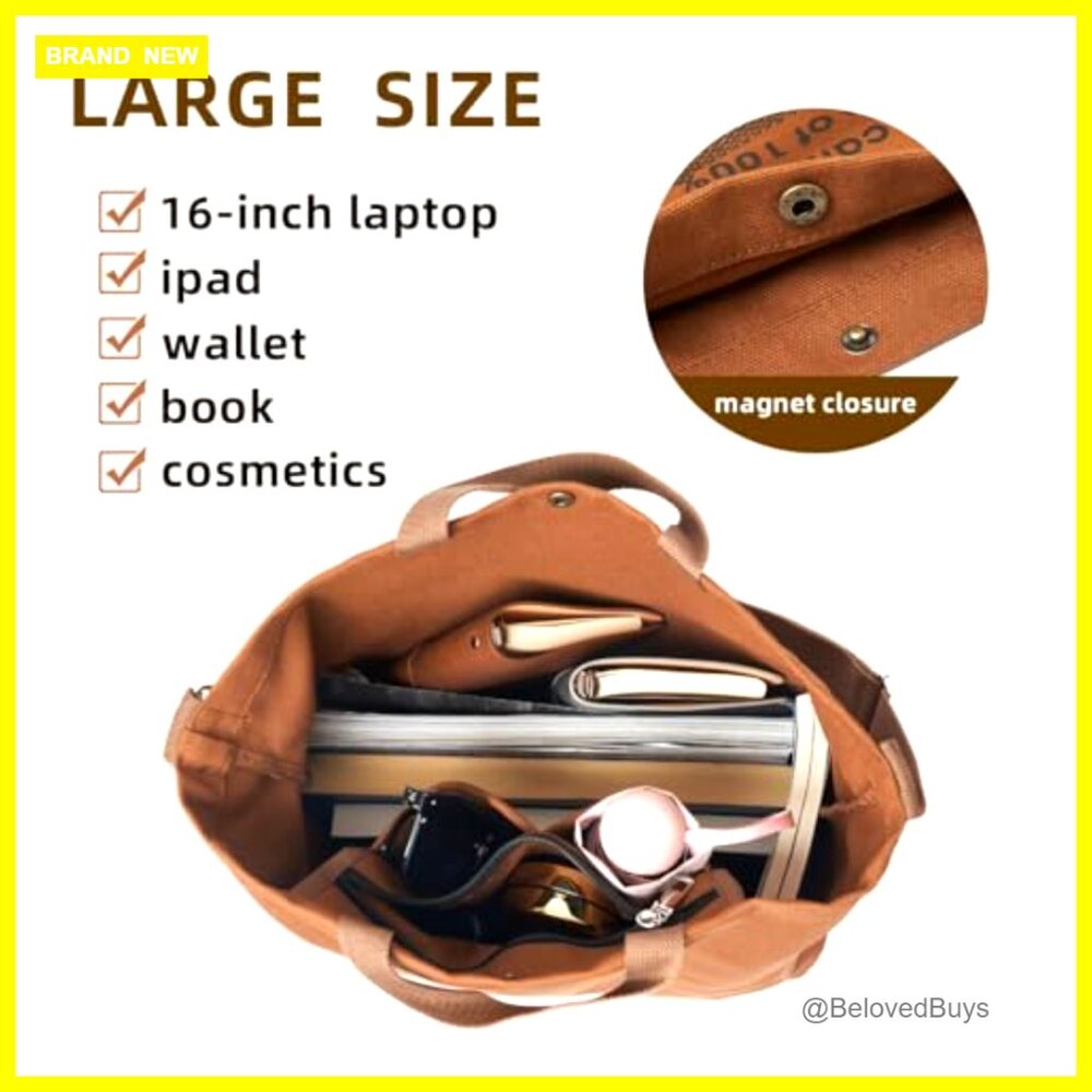 Large Canvas Tote Bag with Adjustable Strap and Coin Purse for Work Travel - Picture 4 of 7